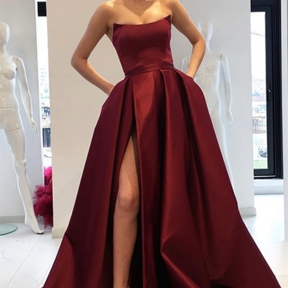 A Classy Chic Boutique Dresses & Skirts - Stunning Burgundy Satin Ball Gown w/ High Slit & Pockets!